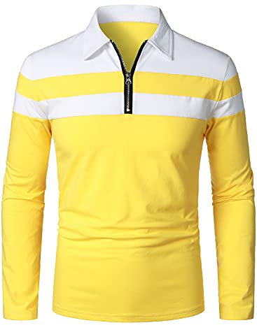 HOOD CREW Mens Casual Long Sleeve Polo Shirts Contrast Color Patchwork Cotton Tee Tops Yellow