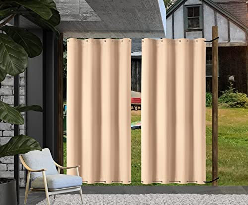 Clothink Outdoor Vorhänge Wasserfest Sonnenschutz Winddicht Rostfrei mit kleinen Ösen oben unten für Terrasse Garten Balkon Familienhaushalte einfache Montage farbecht haltbar(132x275cm,1Stück, Beige)