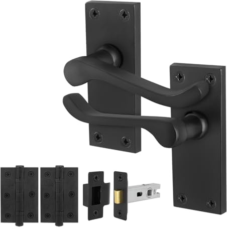 EAI Black Victorian Scroll Latch Handle Set, 1 Pair Matt Black Internal Lever Door Handles on Backplate, Latch 64mm and Hinges