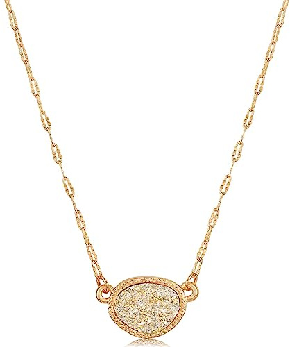 Simulated Druzy Necklace for Women, Boho Yellow Gold Tone Chain Necklace with Crystal - Simple Delicate Preppy Oval Pendant with Gold Tone Faux Druzy Geode Stone for Bride or Bridesmaids