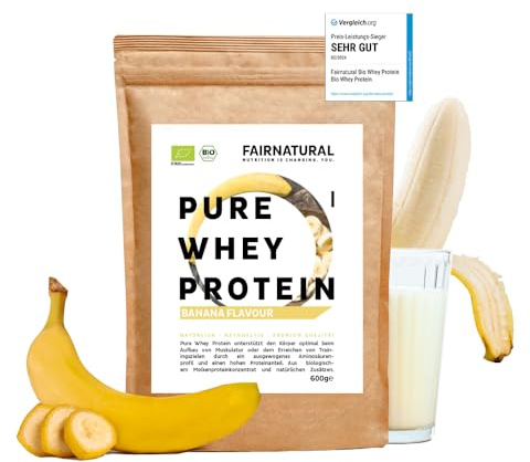 BIO WHEY Protein-Pulver Banane ohne Chemie [Regional aus Deutschland] - Hochwertige Eiweiß-Shakes » 100% NATÜRLICH « 600g Bio Eiweiß-Pulver aus Premium Molkenprotein-Pulver ohne Soja