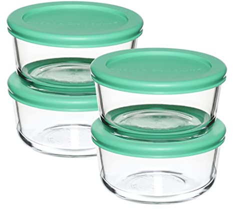 Anchor Hocking 2 Cup Glass Storage Containers with Lids, Set of 4 Glass Food Storage Containers with Mint SnugFit Lids