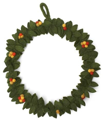 Én Gry & Sif Ghirlanda per porta, fatta a mano, in feltro, decorazione scandinava, per autunno, inverno, Natale, ghirlanda autunnale verde con bacche colorate, diametro 30 cm