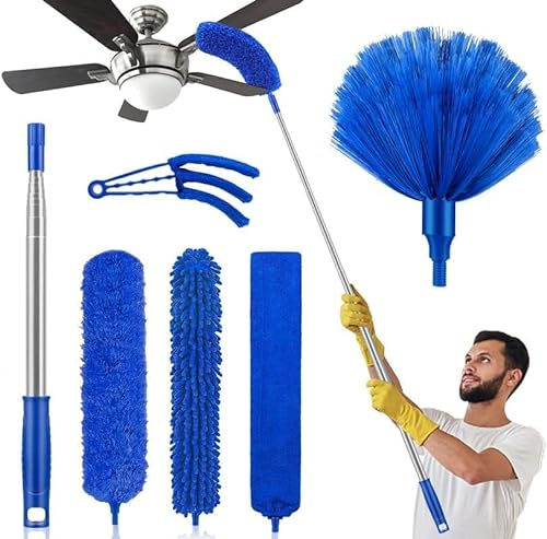 Kit da 6 piumini cattura polvere per la pulizia di soffitti alti, ragnatele, tendine, auto, fessure e mobili, con asta estensibile fino a 254 cm, lavabile a mano