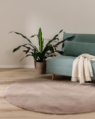 benuta Basic Kunstfaser Fellteppich Furry - Taupe Rund 80 cm - Weicher Wohnzimmerteppich - Anti-Rutsch-Rückseite - Waschbar - Für Fußbodenheizung geeignet