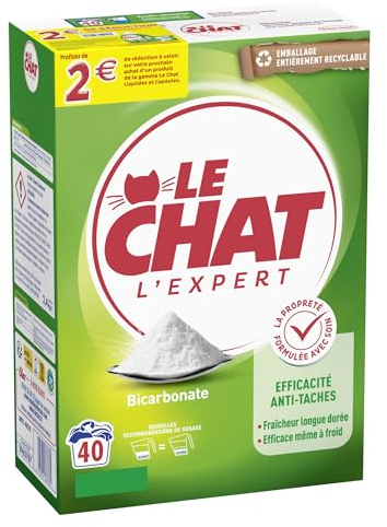 Le Chat - l'Expert – Lessive en Poudre – Efficace Anti-Tâche - Fraîcheur longue durée - Efficace même à Froid – Bicarbonate - 40 Lavages - Emballage Entièrement Recyclable