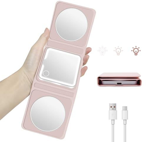 Amlope - Espejo de aumento, LED, bolsillo luminoso, 5 x 10 x mujer recargable, espejo compacto para viajes, maquillaje, bolso con luz, 8 x 8 cm, color rosa
