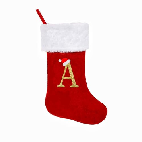19 Inches Monogram Christmas Stockings with Letters, Large Super Soft Christmas Stockings Red Velvet with White Super Soft Plush Cuff for Christmas Xmas Tree Holiday Fireplace Family Decor Gifts (A)