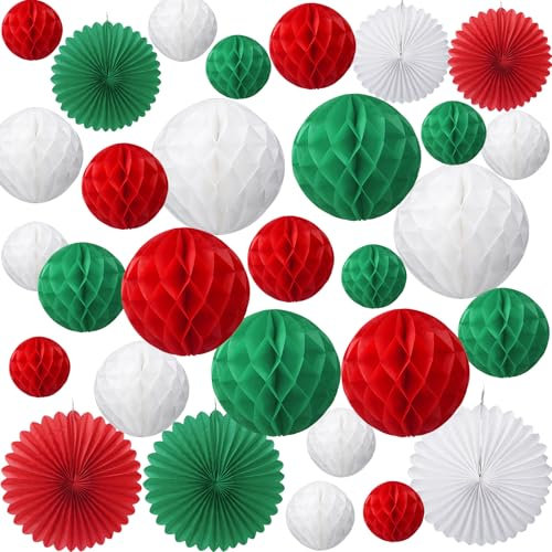 KINDPMA 30 Pièces Papier Pompom Eventail Boules Vert/Rouge/Blanc Boule nid D'abeille Décoratio Pompons en Papier pour Noël Décorations Anniversaire Mariage Baptême FêTe