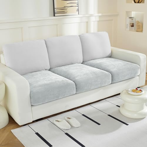 WEYOND Chenille Individual Sofa Cushion Covers, Washable Stretch Sofa Covers for 2/3 Seater and L Shaped Sectional Sofas, Non-Slip Couch Furniture Protector (3 Pieces, Seat Covers, Light Grey)