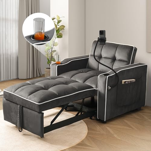 Wyibwy 3 in 1 Divano letto singolo estensibile，Con portabicchieri e portacellulare, divano reclinabile, poltrona letto, poltrona,Schiuma,per piccoli spazi,83x167x76cm,Grigio scuro