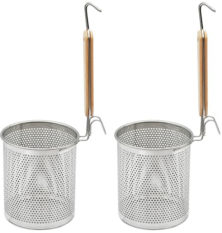 2pcs Pasta Strainer, Stainless Steel Mesh Spider Strainer Micro-Perforated Pasta Basket Set with Wooden Handle Perfect for Pasta, Noodles, Dumplings (14cm 2pcs)