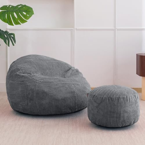 MAXYOYO Sillón Puff de Pana con Reposapiés para Niños, Sofá Puff y Puf con Relleno de Espuma, Sillón con Asa para Sala de Estar, Dormitorio, Juegos, Lectura y Relajación
