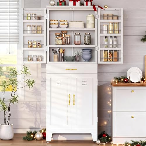 DWVO Metal Storage Cabinet, 71 Kitchen Pantry Cabinet with 4 Door & 4 Adjustable Shelves & Drawer & Door Rack, 6-Tier Tall White Steel Cabinets for Kitchen, Living Room, Dining Room