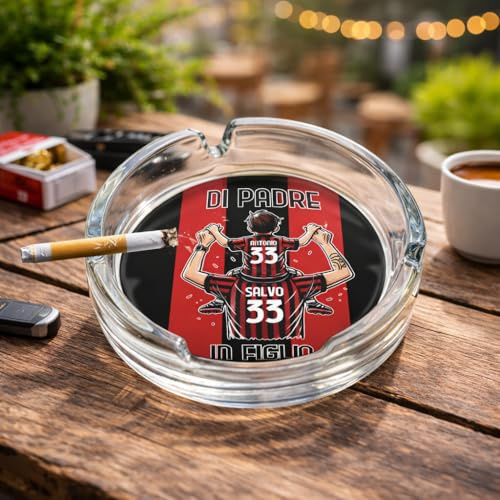 Posacenere da Tavolo in Vetro trasparente Per Interno ed Esterno di Padre in Figlio Personalizzato con Nome Tifosi Calcio Squadre Ultras Rosso Neri Milanisti Idea Regalo Festa del Papà