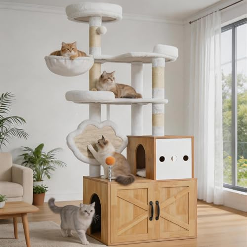 Heybly Árbol para Gatos con Mueble Arenero Oculto, Torre Rascador 162 cm para Gatos de Interior, Condominio de Madera con Casa, Plataformas, Tabla Rascadora y Juguetes, Nogal HCT105WB