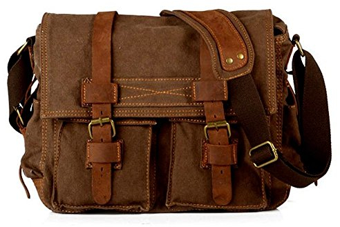 Laptoptasche 17 Zoll Mens Vintage Casual Leinwand Umhängetasche Herren Militär Leder Canvas Reisetasche Crossbody Satchel Schulter Schultasche für Notebook Laptop (Coffe)
