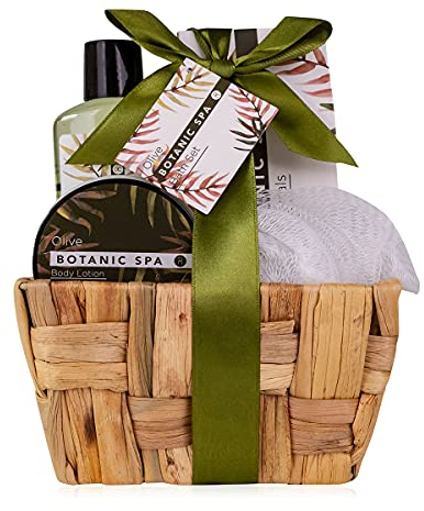 Accentra Geschenkset OLIVE SPA im Seegraskorb, Bade- und Dusch 5-teiliges Geschenk-Set in dekorativem Korb aus Seegras, Geburtstagsgeschenk, Wellness Set für Frauen
