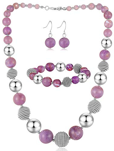BULINLIN Chunky Beaded Silver Necklace Earrings Pearl Handmade Bracelet Set Statement Costume Fashion Jewellery Set Birthday Gifts for Women(Purple)