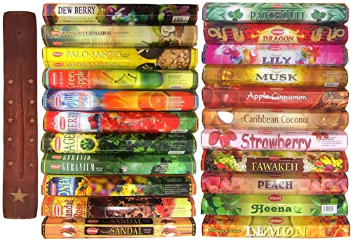 Krishan Incense Sticks Fruity Assorted Fragrance Cherry Coconut Apple Cinnamon Peach Vanilla Orange Strawberry Scents Home Stress Relief Meditation 12 pack 240 Sticks Free Wooden Incense Holder