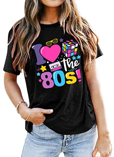 80s T Shirts Women I Love The 80s Shirt Short Sleeve Retro Fancy Dress Party Tees Pop Star Tops Black