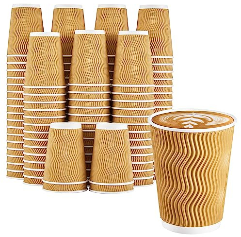 Clawsoff 120 Pack 12 oz Coffee Cups, Disposable Corrugated Insulated Ripple Wall Paper Coffee Cups 12oz for Hot or Cold Drinks Office Home Cafe Party Travel (Champagne)