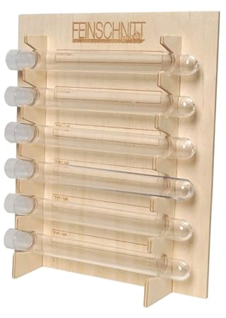 Sägeblatt-Organizer | Aufbewahrungssystem für Laubsägeblätter | Halterung aus Birkensperrholz | lasergravierte Beschriftungsfelder | inkl. 6 transparenten Röhrchen mit weißen Verschlusskappen