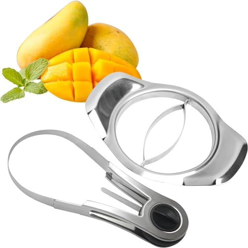 Affettatrice Mango,Forreen 2 Pezzo Affettatrice per Mango Acciaio Inossidabile Manici Antiscivolo Facile da Rimuovere e Dividere Anguria Affettatrice Cutter per Mango,Anguria,Ananas