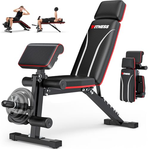 Fostoy Foldable Workout Bench, Adjustable Weight Bench for Home Gym, Multi Functional Gym Bench w/Leg Extension &Preacher Pad, Extra Headrest, Fast Folding Strength Training Incline Sit up Bench 800LB