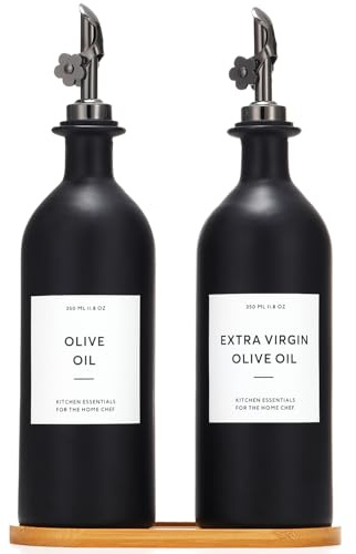 HOMCDALY Olive Oil Dispenser for Kitchen, 16oz Glass Oil Bottles with Bamboo Tray, Black Oil&Vinegar Cruet Set, Kitchen Dispenser Bottles with Pourer | Set of 2 (16oz – Black)