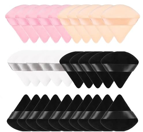 30 Triangle Powder Puffs, Reusable with Strap, Wet Dry Dual-Use Face Make Up Cosmetics Cleansing Beauty