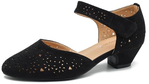 Nmiyaul Women's Ankle Strap Cut Out Closed Toe Low Block Heels Pumps Retro Shoes Hook and Loop Comfortable Vintage Dressy Church Shoes Black Suede 38-7US