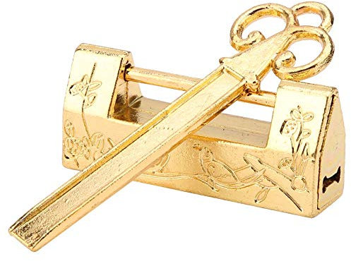 Mini Chinese Antique Lock - Vintage Floral Magpie Themed Furniture Lock, Traditional Bronze Cabinet with Key, Decorative Old-Style (Magpie Gold Color)