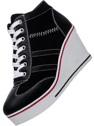rismart Femme Toile Baskets à Talon Compensé Plate-Forme Chaussures Hautes Décontractées, Noir, 36 EU
