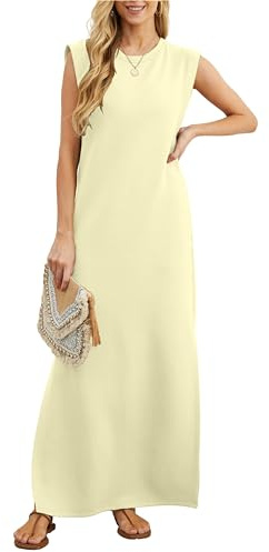 GRECERELLE Damklänning för sommaren, ledig maxiklänning, blusklänning i elegant stil, ärmlös klänning med slits och fickor för damer, Aprikos, XXL