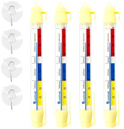 Lantelme Lot de 4 thermomètres de réfrigérateur analogiques avec ventouse, affichage de la température + - 40 °C et 21 cm de long - Rotatifs avec œillet, tête d'aspiration et crochet - Pour