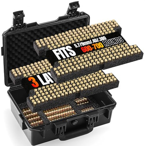 600-700 Rounds Ammo Storage Box for 9mm Ammo, Hard Plastic Shell Ammunition Case Compatible with 8.5-10mm Ammo, Waterproof Travel Safe Ammo Storage Case for 9mm/.380/.38/.357/.40 Ammo (Large)