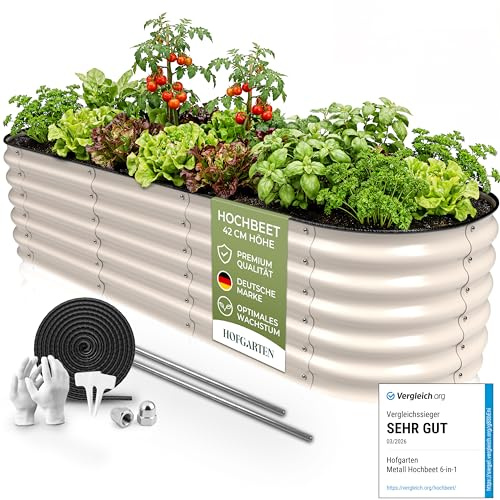 HOFGARTEN 200x60x42 cm Huerto Elevado Modular 6 en 1 de jardín, bancal Elevado de Metal con Base Abierta para Colocar sobre la Tierra, protección anticorrosión y Alta Estabilidad (Beige)