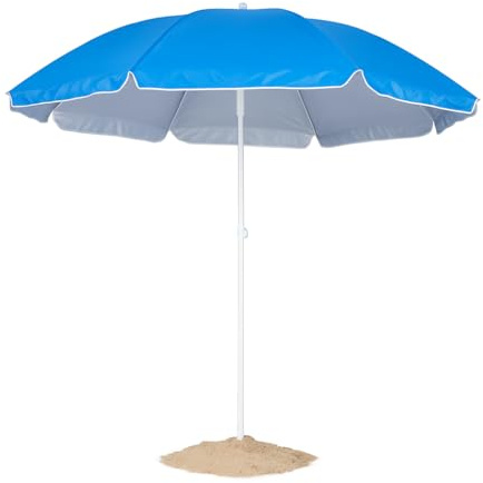 FORA Parasol de plage avec protection UV 150 cm – Parasol pliable avec 8 panneaux en nylon, intérieur argenté, hauteur réglable, housse de transport avec sangle d'épaule (bleu)