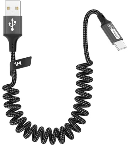 Zestiq Cavo USB C Spirale, 【0.3M-0.6M】 Cavo Retrattile USB Tipo C per Carplay, Cavo di Ricarica USB A a Tipo C Android Auto Compatibile con iPhone 17, 16, 15, iPad, Samsung Galaxy, Google Pixel-Nero