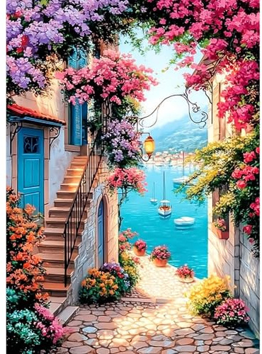 CEOVR Paisaje Diamond Painting Kits,Pintura de Diamantes Arte 30x40cm,DIY Diamond Art Kits Adulto Pueblo Costero
