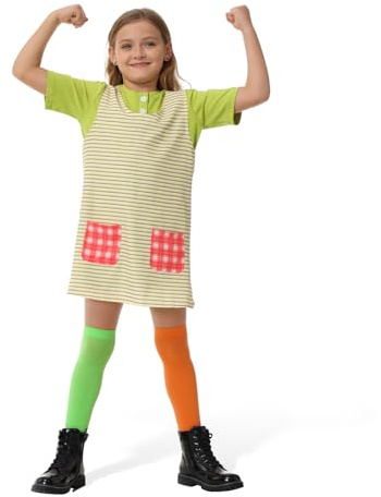Geehora Costume Carnevale Bambina, Set Completo con T-shirt con Patch, Grembiule a Righe e Calze Lunghe Colorate (EU 122/128)