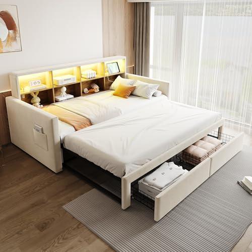 Polsterbett Schlafsofa 90×190 cm mit ausziehbarem Doppelbett 180 cm, Kopfteil mit Stauraum, LED-Lichtleiste & Steckdosen (USB/Typ-C), Samt gepolstertes Multifunktionsbett (Beige, 90/180 x190cm)