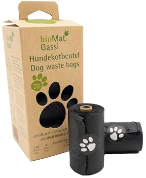 bioMat Sacchetti per Escrementi di Cane, 120 Pezzi, Sacchetti Compostabili, Resistenti allo Strappo e Opachi, Neri, Prodotti nell'UE.