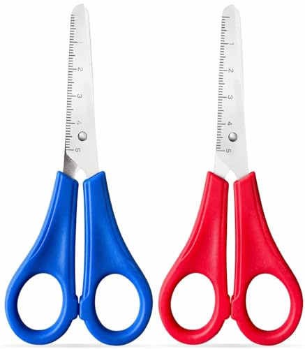 LeGeYo Tijeras infantiles pack 2 Tijeras escolares punta roma puntas redondeadas Tijeras manualidades con regla mango plástico Rojo Azul