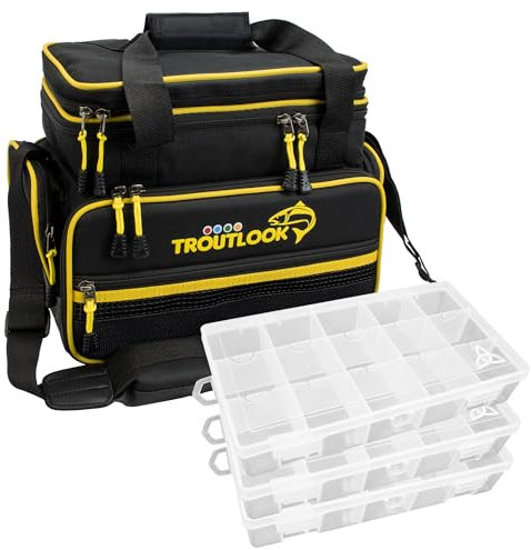 Troutlook Forellentasche, Tasche speziell für Forellenteig, Sbirolino, Bombarden, Posen uvm. mit Schultergurt (Big inkl. Boxen)