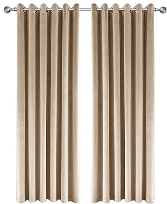 Imperial Rooms Crushed Velvet Curtains 46x54 Inch Beige Blackout Curtains for living room Super Soft Ring Top Thermal Curtain 2 Panel with Matching Tiebacks