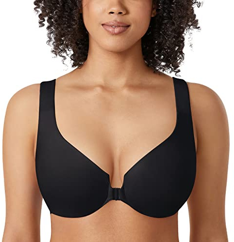 DELIMIRA Kvinnors Ofodrade Bygel Heltäckande Behåar Plus Size Front Stängning Racerback Bh Svart 85H