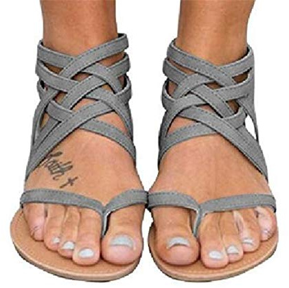 ORANDESIGNE Sandalias de Mujer Sandalias Romanas de Tacón Plano de Gran Sandalias con Chanclas Correas Atadas Cruzadas Flip Flop Zapatos de Punta Abierta de Verano A Gris 37 EU