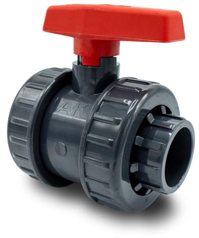 Baumaxxe PVC kulventil I 2-vägs avstängningsventil PN16 I 40 mm 1 1/4 tum med 2x limmuff och dubbelunion I För poolrör, damm, akvarium, bevattning I bm032